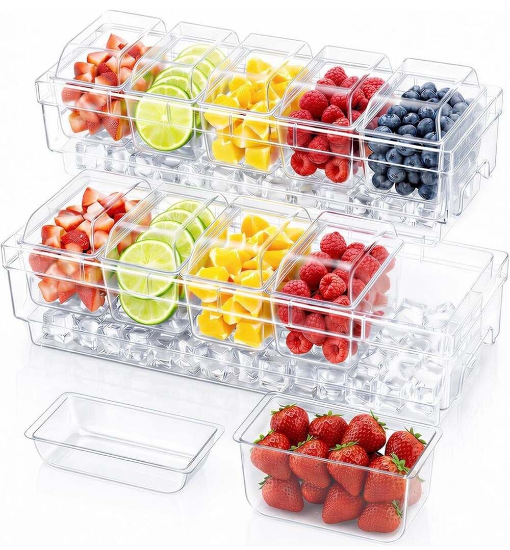 Lifewit Ice Chilled Condiment Caddy with 5 Containers(2.5 cup), Condiment Server